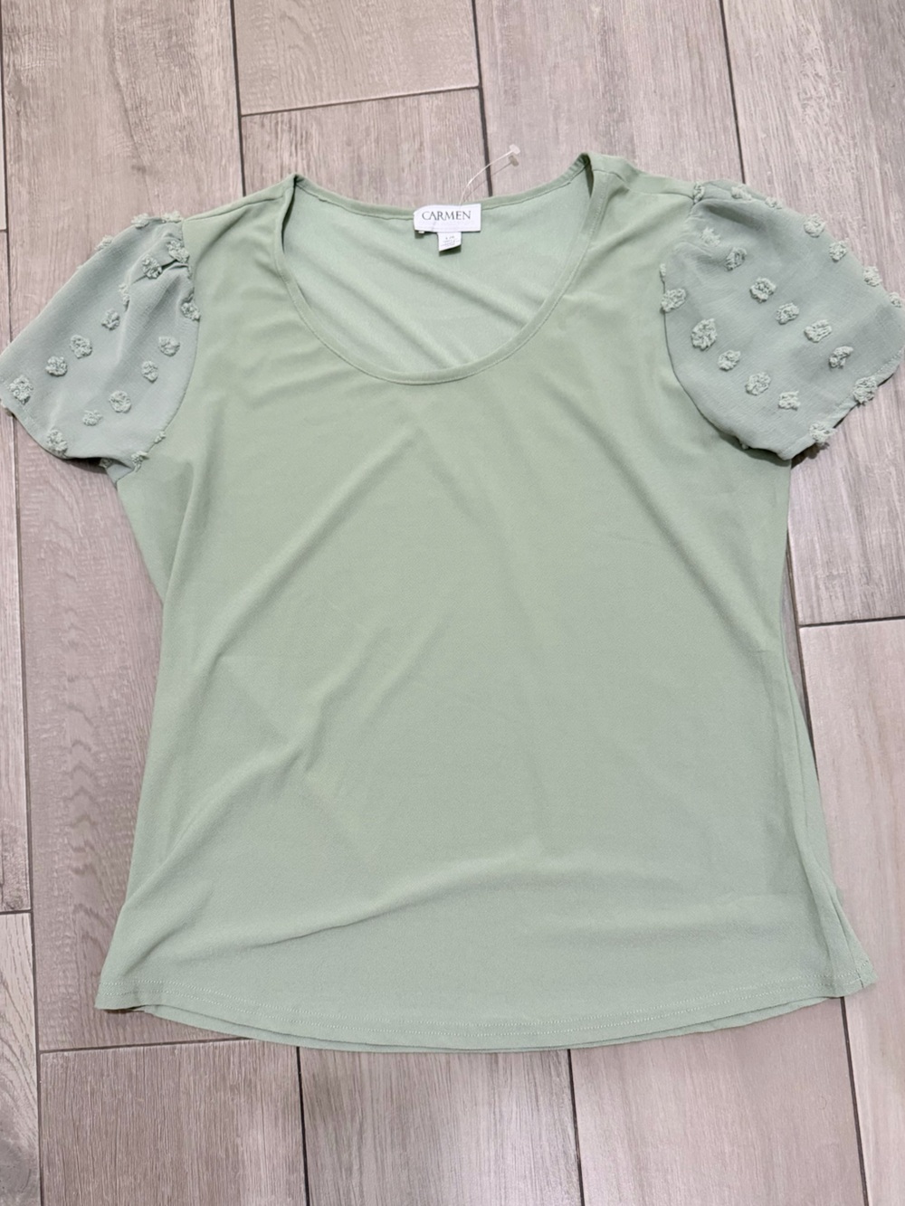 Carmen Marc Valvo Sage Green Short Sleeve Puff Sleeve Top